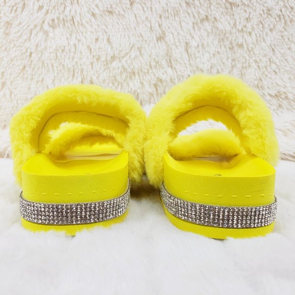 Fur Baby Yellow Soft Furry Double Band Slip on Rhinestone Trim Sandals Slippers - Picture 8 of 14